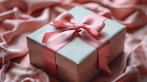 A soft pink gift box with a satin ribbon, delicately showcased on a solid pearl white background, exuding grace and femininity.