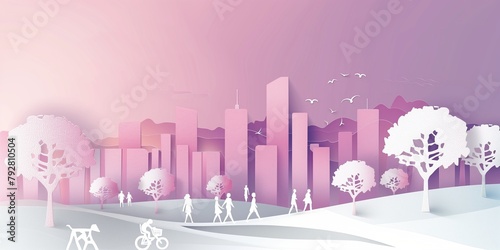 The paper art background, the everyday appearance of people in the park in the city center,lover, pet, kids, bike, family, minimalist landscape illustration.