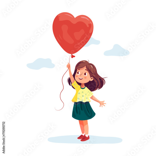 Cute little girl with heart shaped balloon, summer illustration. Blue clouds in the background. Small happy child holding red balloon. Isolated on white background.