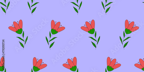 Seamless pattern with blossom red tulips or meadow flowers on violet, doodle style vector