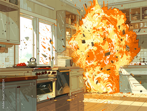 Kitchen Catastrophe: Animated Explosion Ravages Culinary Space