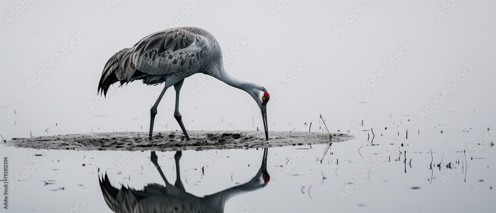 Naklejka premium crane in the water puddle 