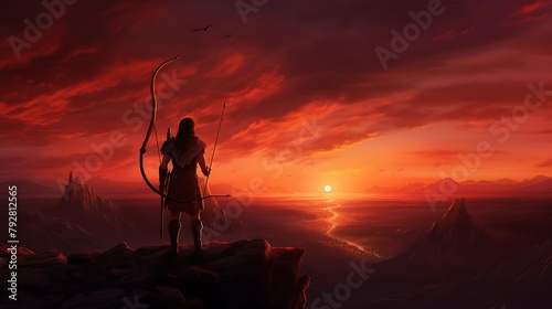 A lone arrow, its purpose defined by the archer's intent, poised for release, set against the fiery colors of a volcanic sunset