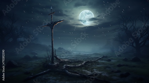 A solitary arrow, its flight a masterpiece of precision and focus, poised for release amidst the eerie mist of a moonlit graveyard