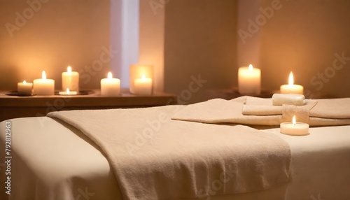 A cozy and relaxing massage table with soft, beige linens and candles in the background, suggesting a tranquil spa © nizar