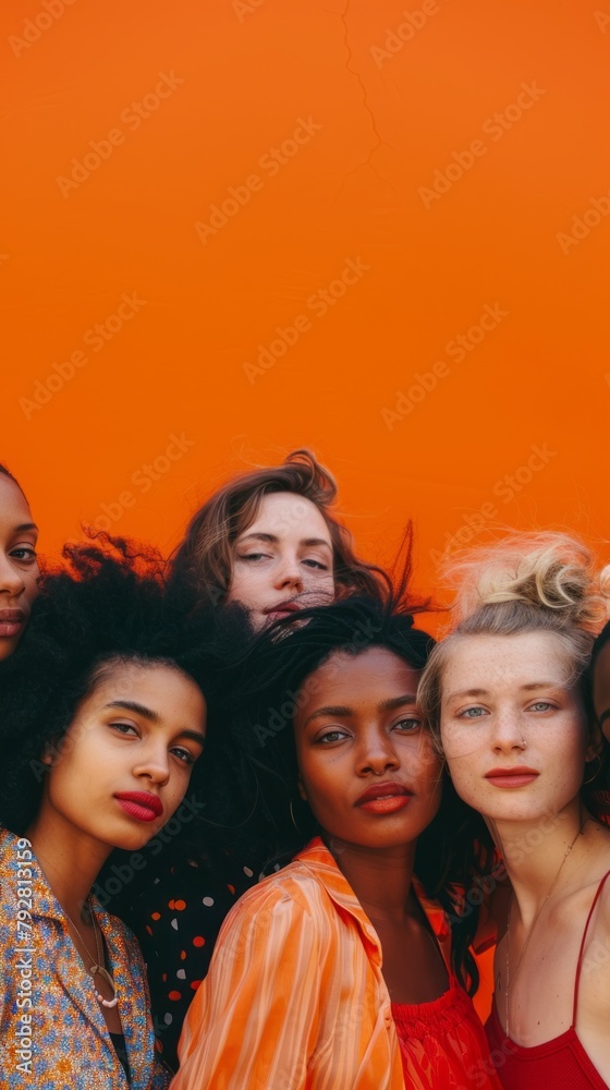 A group of women are posing for a photo in front of an orange wall