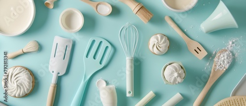 3D rendering of a baker's tool set on a pastel blue background.