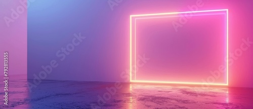 The neon frame is positioned on a pastel colored background. This is a 3d rendering.