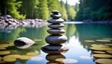 A stack of smooth river rocks balanced on top of each other in a serene pond, with the water reflecting the surrounding trees and sky