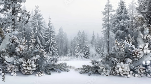 A snowy forest with pine trees and a white background. The trees are bare and covered in snow, giving the scene a peaceful and serene atmosphere