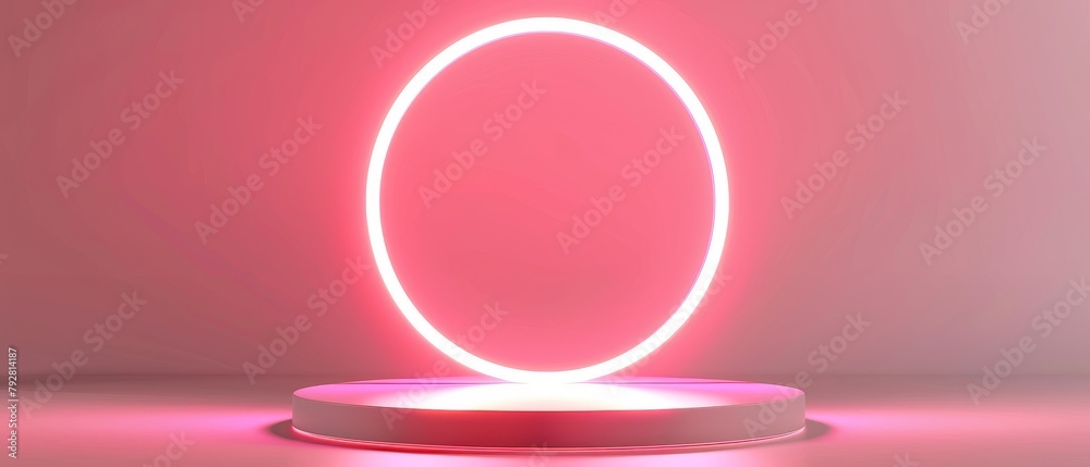 This 3D rendering shows a blank product stand with neon on a white bright background.