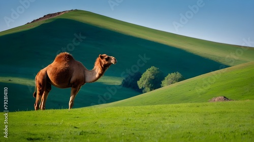 camel in the desert, camel in the greenery with hills photo