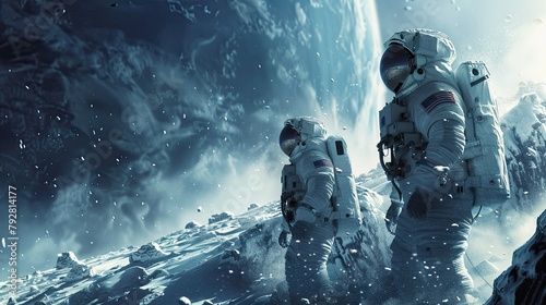 Develop a prompt portraying astronauts on an extravehicular expedition beyond the blue planet, conducting spacewalks in the void of space. photo