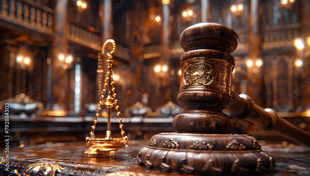  Majestic Courtroom Setting with Gavel and Gold Ornament - Legal Justice Concept - obrazy, fototapety, plakaty 