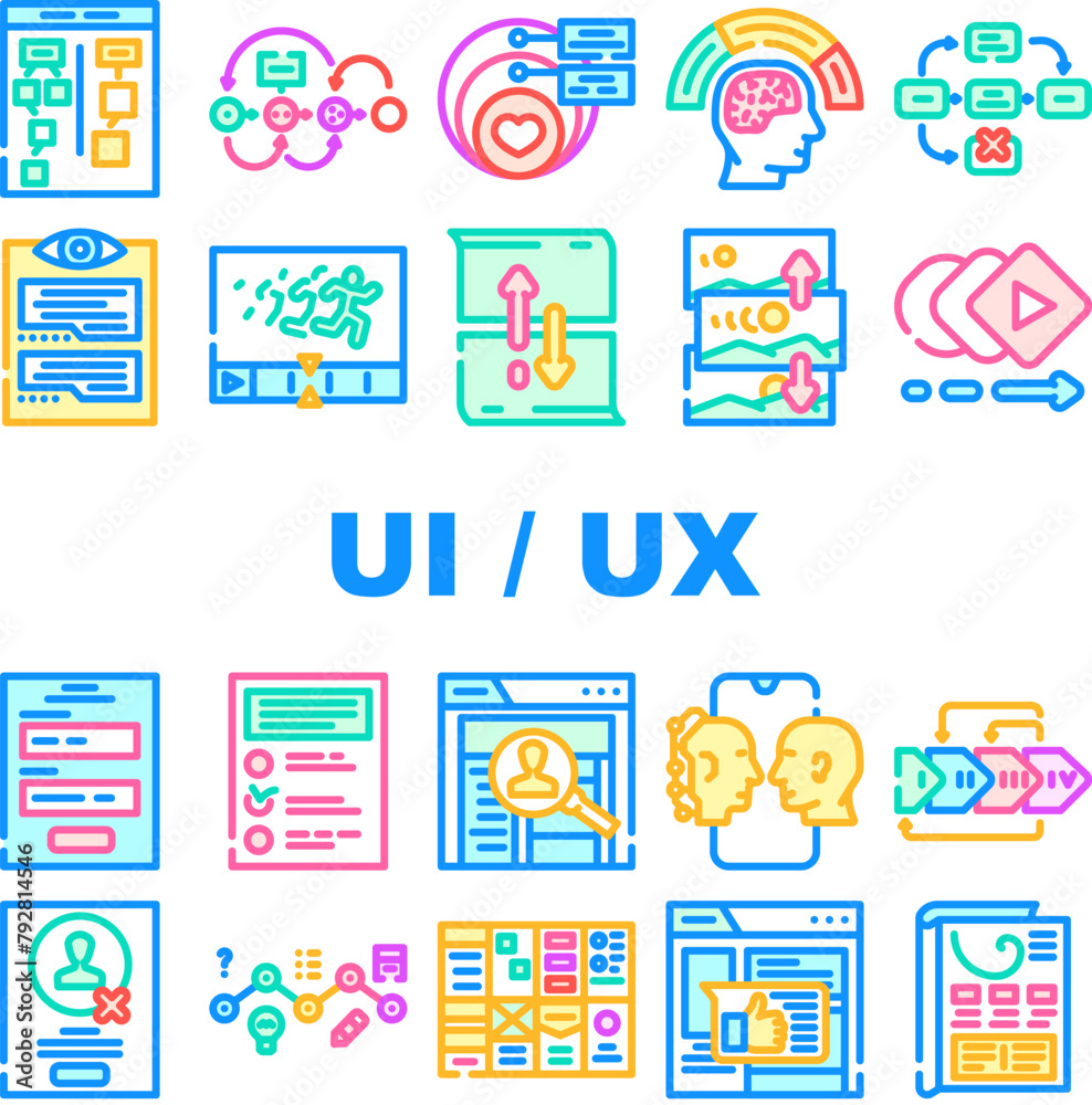 ui ux web interface mobile icons set vector. web mobile, arrow user, website tool, control, modern simple, experience ui ux web interface mobile color line illustrations