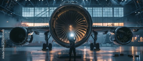As a mechanic inspects a plane engine in a hangar with a flash light, she uses a flashlight. photo