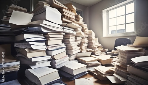 A cluttered office space with piles of books, papers, and documents scattered around . The room appears to be in disarray , with a large window letting in natural light that illuminates the chaotic sc