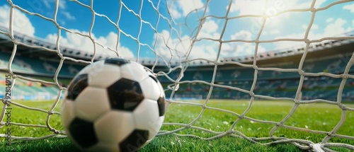 In a stadium, a soccer ball with a net is shown. 3D rendering