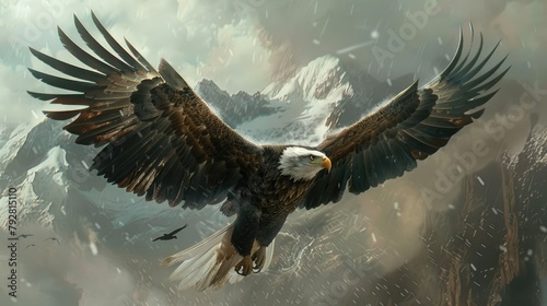 Develop a visual representation of a bald eagle mastering the skies in solitary flight, its wings spread wide. © lara