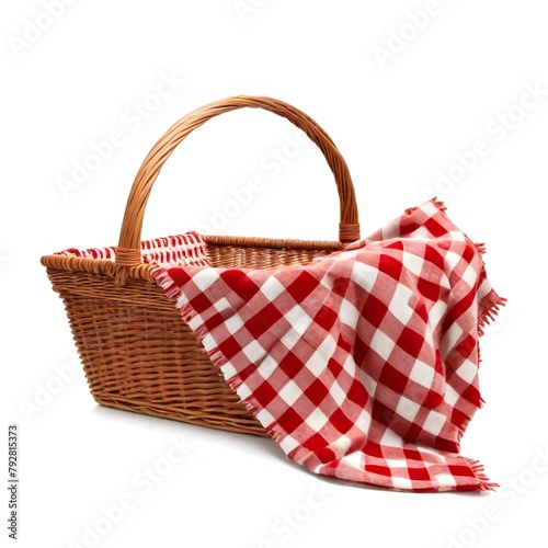 A wicker picnic basket with a red and white checkered blanket inside, isolated on a white background