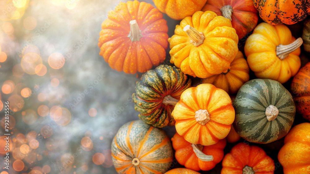 Background of small multi-colored fall pumpkins with copy space