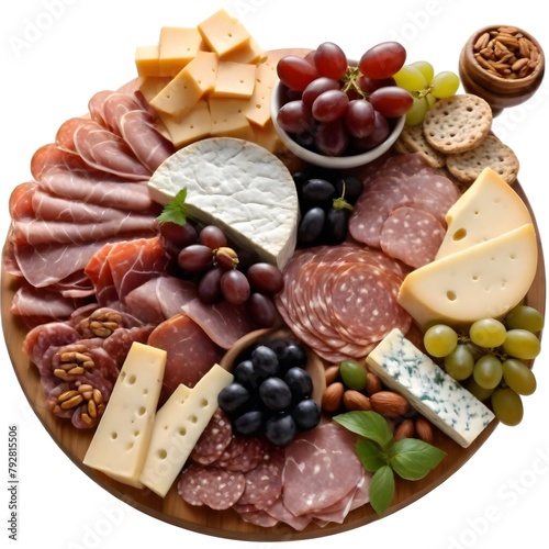 A large wooden board or platter filled with an assortment of meats, cheeses, fruits, nuts, and other appetizers. The main items include sliced sal