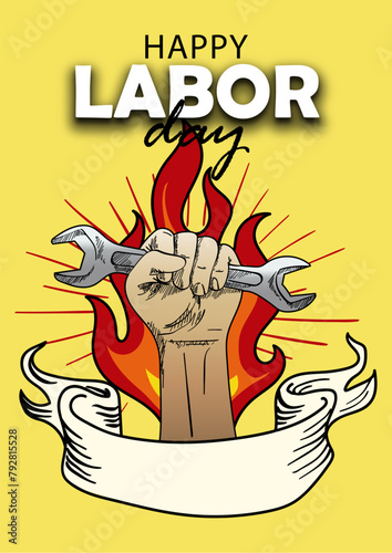 Happy Labor Day Drawing Hand, Fist and Wrench for Poster