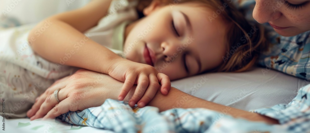 Child lying in bed sleeping, mother holds her hand comfortingly, touching her hand with hers. Emotional family moment. Child lying in bed sleeping, mother holds her hand comfortingly, touching her hand with hers. Emotional family moment.