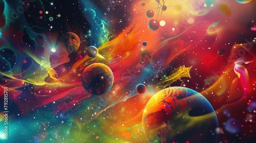 An abstract representation of cosmic exploration, with colorful spacecraft and futuristic probes venturing into the unknown depths of the universe.
