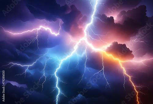 Colorful lightning bolts and electrical discharge in a dark, stormy sky