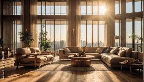 beige wood theme penthouse living room luxury unit with sofa and morning sunlight rays from Generative AI photo
