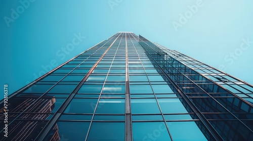 A sleek and modern skyscraper, reflecting the city skyline in its glass fa? section ade, standing tall against a clear blue sky.