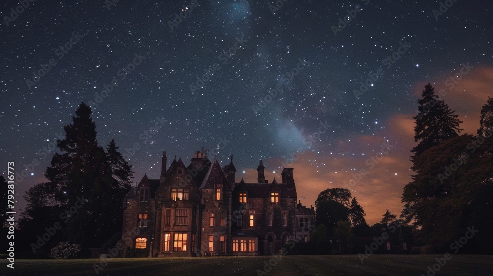 Naklejka premium Stargaze from the castles sprawling lawn taking in the breathtaking views of the starstudded sky in a peaceful and secluded setting. 2d flat cartoon.
