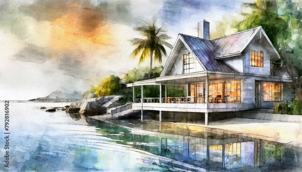 Fototapeta premium Artistic drawing of a seafront house, beautiful, tranquil paradise architecture