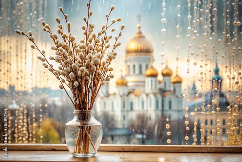 Palm Sunday. A close-up of a willow bouquet in a glass vase against the background of an ancient white window with a view of the golden domes of the temple and the setting sun. photo