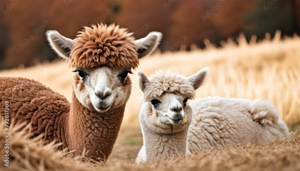 Two fluffy alpaca or llama-like animals with soft, curly fur in a field