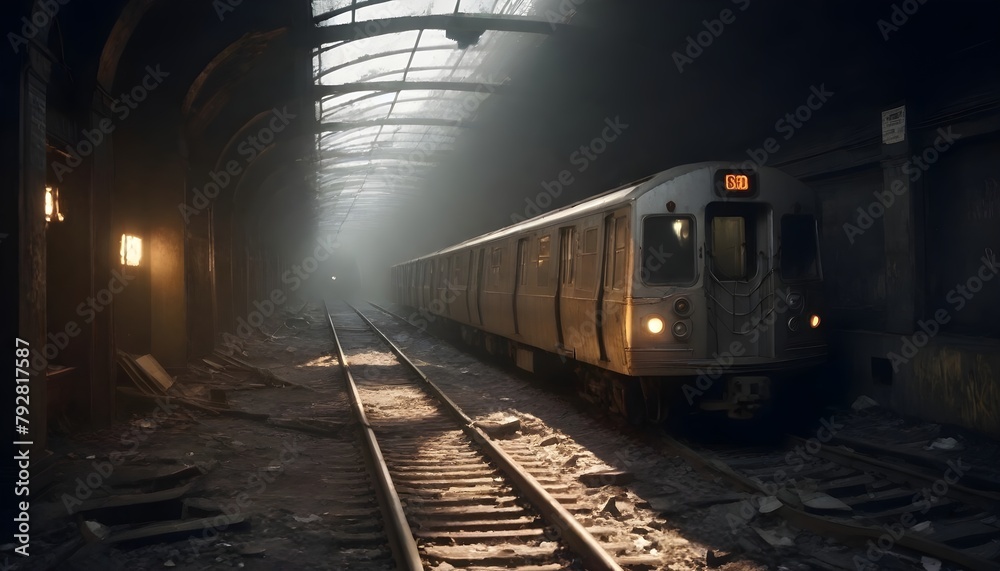 An old, abandoned subway train sits on the tracks in a dimly lit, dilapidated underground station filled with debris and rubble, creating an eerie, post-apocalyptic atmosphere