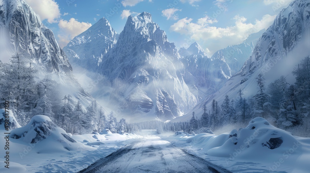 Envision a frozen passage with a road in the snow, framed by towering mountain peaks in the background.