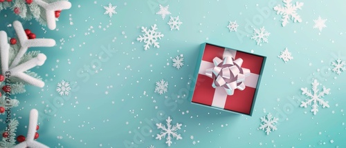 An open gift box is seen from the top. It is on a pastel blue background on a Christmas and New Year concept. This is a 3D rendering. photo