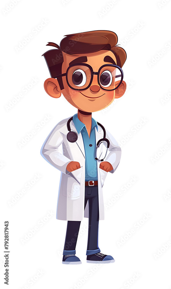 Friendly male doctor cartoon with glasses, wearing a lab coat and stethoscope, exuding confidence and professionalism. Generative AI