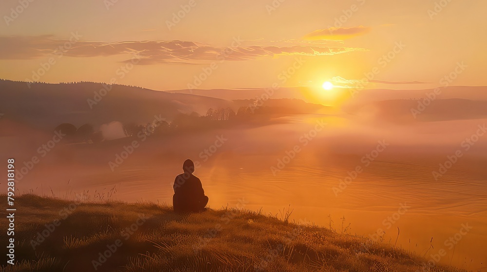 A solitary figure sitting atop a hill, watching the sunrise over a mist-covered valley, contemplating the beauty of a new day.