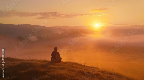 A solitary figure sitting atop a hill  watching the sunrise over a mist-covered valley  contemplating the beauty of a new day.