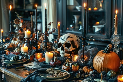 Eerie Halloween Dinner Table with Skull, Pumpkins, and Candles