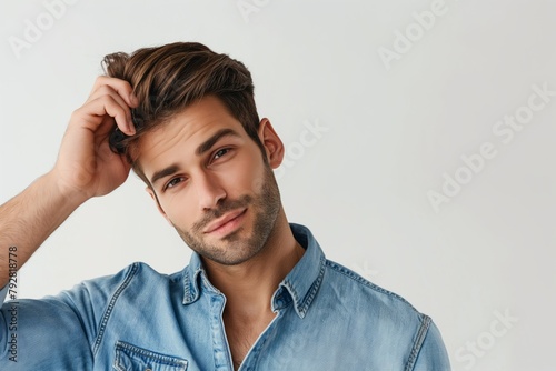 Young Man in Denim Shirt Looking Pensive with Hand in Hair