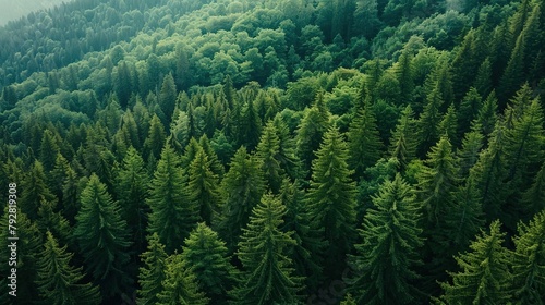 This is an aerial view of a lush green coniferous forest. © Awais