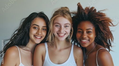 Three women with different hair colors and styles are smiling for the camera