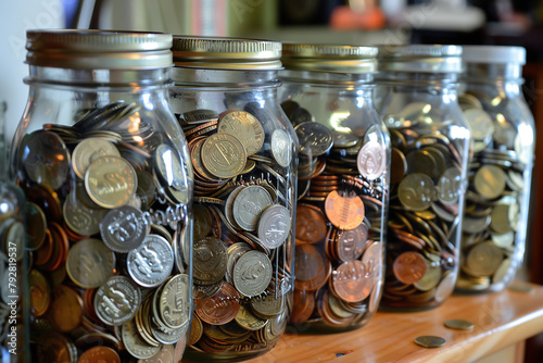 Coins sorted into jars by spending category offer a tangible method to visualize and allocate funds - blending expenses with savings