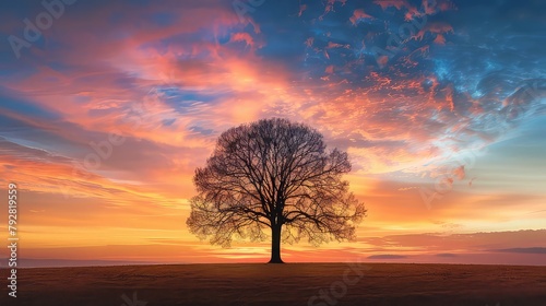 A solitary tree standing against the backdrop of a colorful sunset, symbolizing the resilience and endurance found in solitude. photo