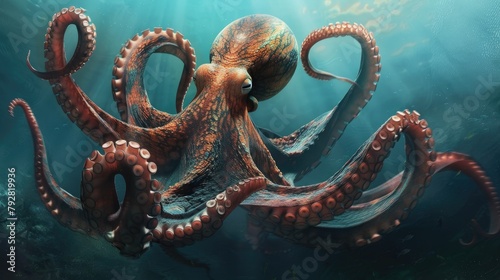 Envision a majestic scene of an octopus gracefully navigating the ocean depths. © lara