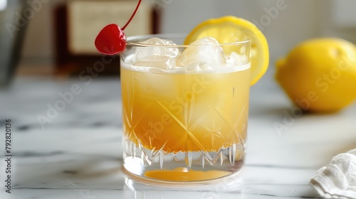 A sophisticated whiskey sour cocktail, garnished with a twist of lemon and a maraschino cherry, with a perfect balance of whiskey, lemon juice, and simple syrup. photo